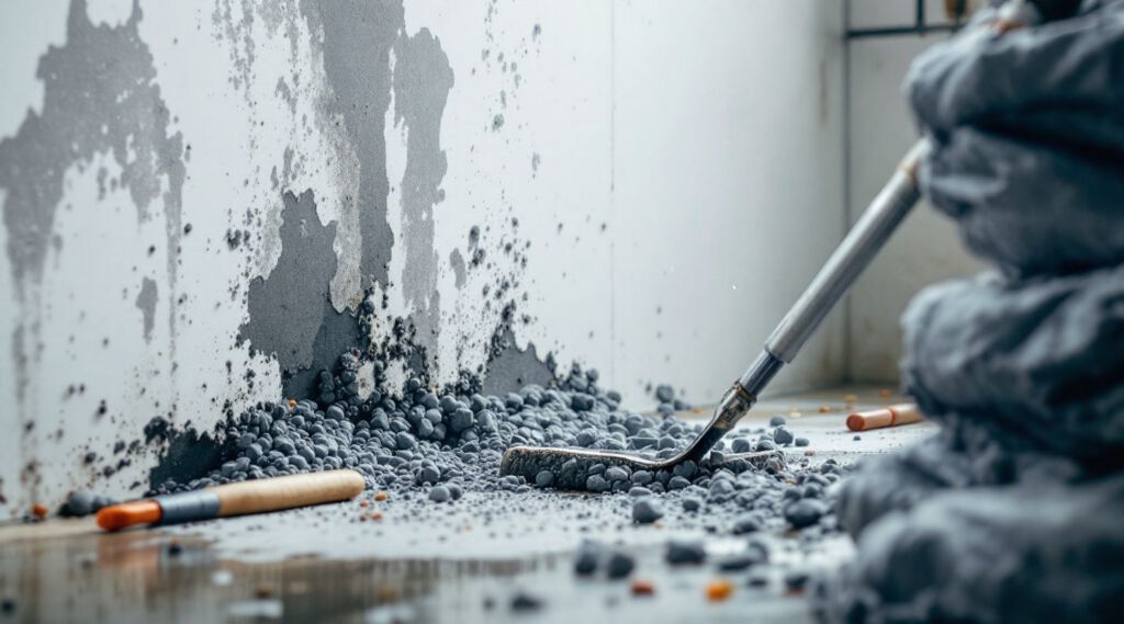 IICRC-certified mold remediation technician in full protective gear inspecting visible mold growth on a wall in a San Antonio home, with specialized equipment nearby, conveying professional and urgent response.